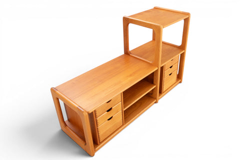 Overhead angle of 1960s Danish solid teak modular hi-fi and record storage unit — stepped two-module design