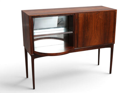 Rotating rosewood bar cabinet by Sola Møbelfabrik open to reveal bar interior — 1960s Norwegian