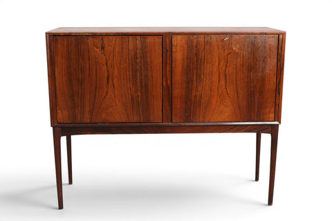 Side view of 1960s Sola Møbelfabrik rosewood rotating bar cabinet — Norwegian mid century modern