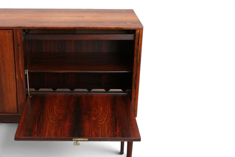 Sola Møbelfabrik manufacturer label on 1960s Norwegian rosewood rotating bar cabinet