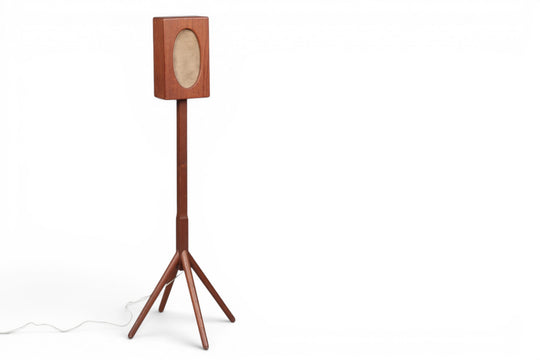 1950s TEAK FLOOR SPEAKER ON TRIPOD BASE