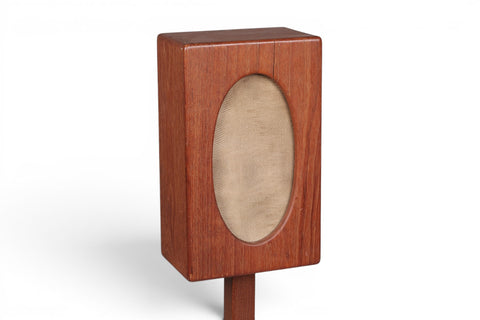 Full view of 1950s Danish teak floor speaker on tripod — mid century modern hi-fi decor