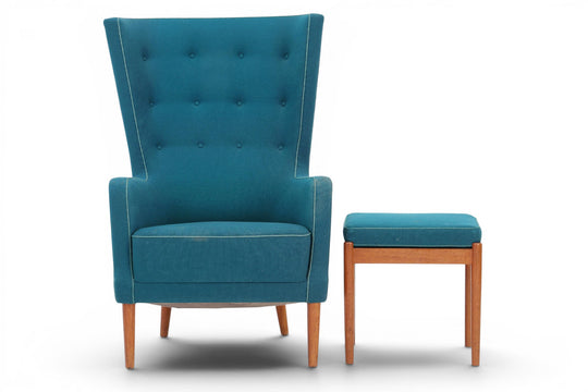 1940s WINGBACK CHAIR + OTTOMAN IN TEAK + TEAL WOOL
