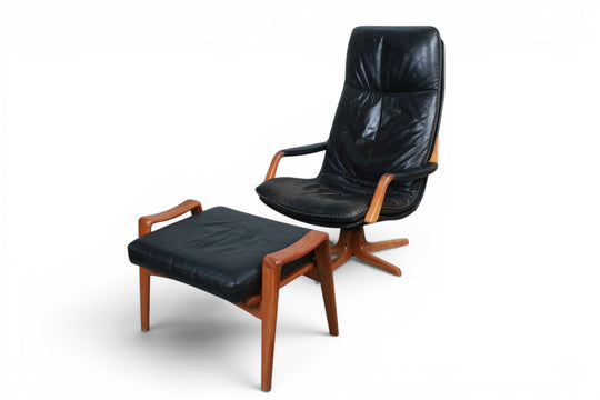 ARNE WAHL IVERSEN HIGHBACK SWIVEL CHAIR AND OTTOMAN IN BLACK LEATHER + TEAK