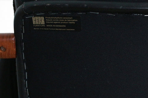 Komfort manufacturer label on Arne Wahl Iversen 1970s Danish leather highback swivel chair