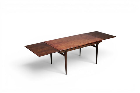 Uldum Møbelfabrik label on 1950s Johannes Andersen jet age rosewood draw leaf dining table