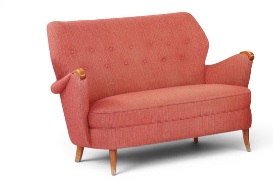 1940s SCANDINAVIAN MODERN LOVESEAT IN ORIGINAL COPPER BLUSH WOOL