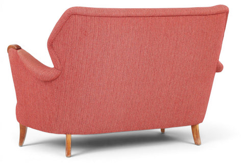 Front view of 1940s Scandinavian modern loveseat in original copper blush wool