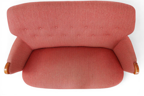 Copper blush wool fabric detail on 1940s Danish loveseat — original upholstery