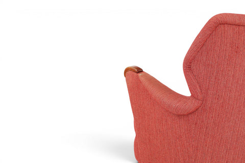 Beech frame detail on 1940s Scandinavian modern loveseat in copper blush wool