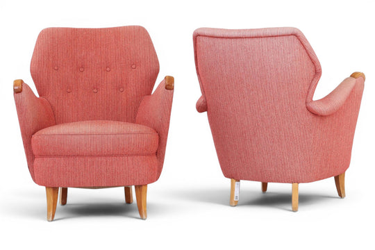 PAIR OF 1940s SCANDINAVIAN MODERN LOUNGE CHAIRS IN ORIGINAL COPPER BLUSH WOOL