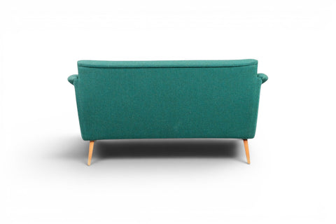 Organic beech frame detail on Svante Skogh Model 120 loveseat — Swedish modern 1955
