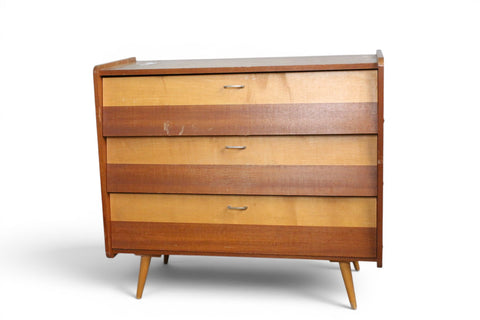 Side view of 1950s Swedish teak and beech shoe cabinet — mid century modern