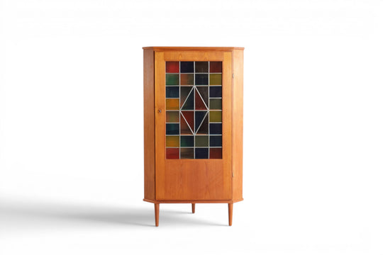 1960s DANISH TEAK CORNER UNIT WITH STAINED GLASS DOOR