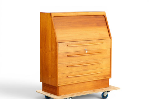 Tambour roll-top teak secretary desk by Bernhard Pedersen + Søn — Danish modern 1970s