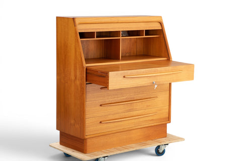 Roll-top open on Bernhard Pedersen teak secretary desk showing fitted interior — Denmark 1970s