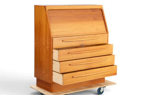 Side profile of Bernhard Pedersen tambour secretary desk in teak — Danish mid century modern
