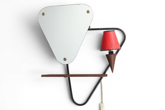 ATOMIC WALL MIRROR / LAMP / SHELF IN TEAK + BLACK LACQUER