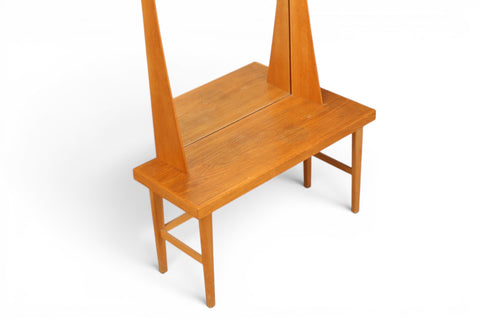 Side view of 1960s Danish oak full length mirror with shelf