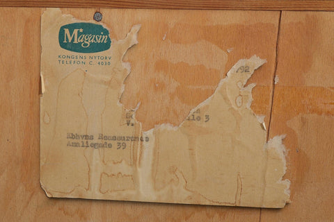 Drawer detail on Børge Mogensen teak and oak highboy dresser by Søborg Møbler