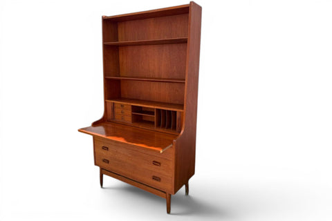 Open secretary desk view of Johannes Sorth teak bookcase — Nexø 1960s Denmark
