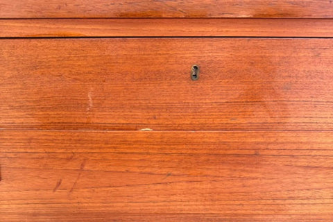 Nexø Møbelfabrik label on Johannes Sorth 1960s Danish teak bookcase secretary desk