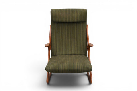 Teak rocker base detail on 1950s Danish atomic highback rocking chair