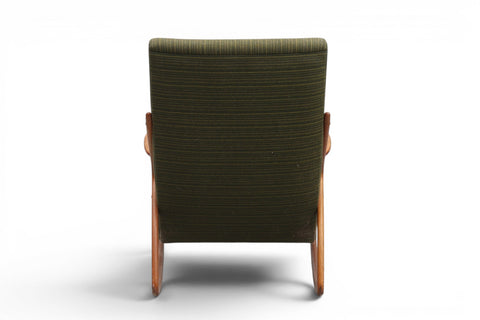 Wool upholstery and teak detail on rare 1950s Danish atomic highback rocking chair