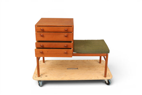 Upholstered seat detail on Casino teak telephone bench — Tingströms Sweden 1960s