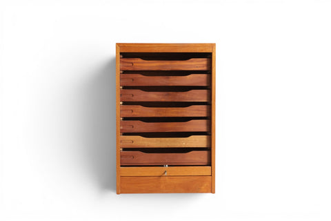 Open drawer detail on 1960s Danish teak file cabinet — mid century modern