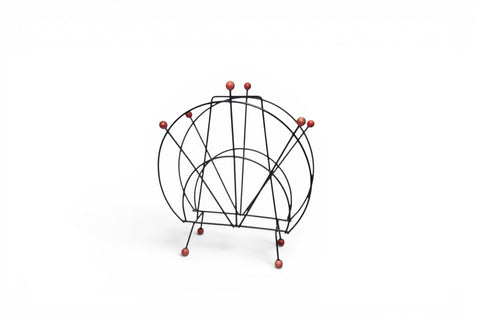 1950s Danish atomic magazine rack in steel and teak — mid century modern accessory