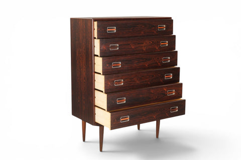 detail of steel drawer handles - 1960s Danish mid century rosewood chest of drawers