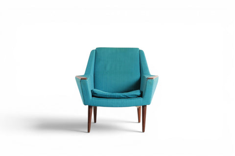 Danish low-back lounge chair front view in blue wool - 1960s Denmark mid century modern
