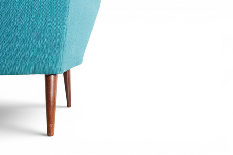 Detail of blue wool upholstery texture on lounge chair - 1960s Denmark mid century modern