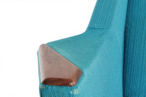 Close-up of teak armrest detail on lounge chair - 1960s Denmark mid century modern