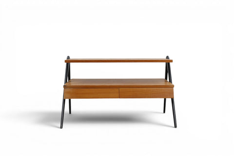 Full view of teak shelf styled with decor - Swedish mid century modern