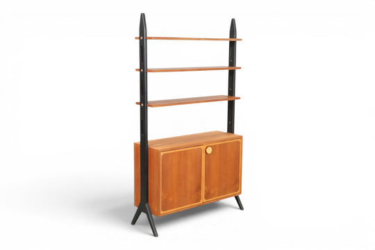 1950S SCANDINAVIAN DESIGN TEAK BOOKCASE WITH BLACK LACQUERED UPRIGHTS