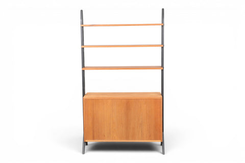 Teak bookcase brass shelf support close-up - 1950s Swedish mid century modern