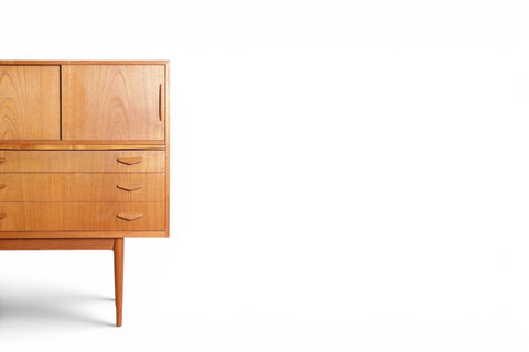 Teak sideboard sliding mirrored doors open - 1960s Danish mid century modern