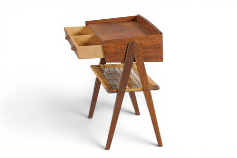 Søren Rasmussen double hallway chest in teak and cane, angled view - 1960s Danish mid century modern