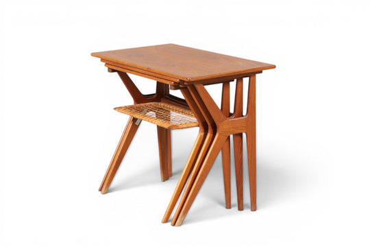 SET OF ERLING TORVITS ATOMIC LEG TEAK + CANE NESTING TABLES