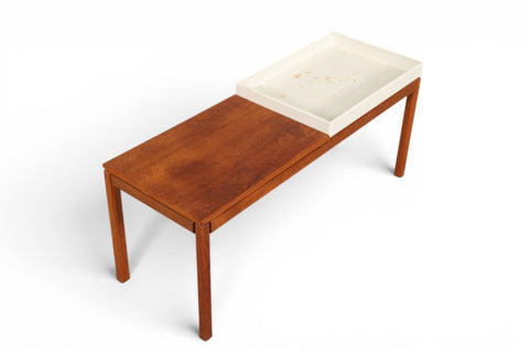 Side angle of teak bench showing leg detail - mid century Swedish modern
