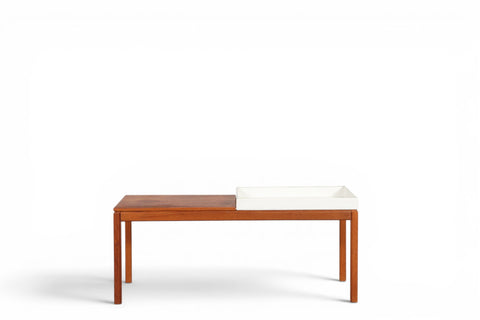 Close-up of teak grain and joinery on bench - mid century Swedish modern