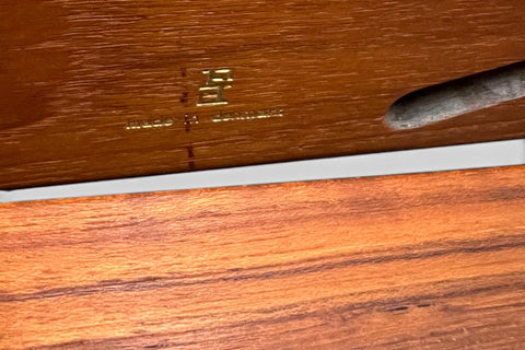 Close-up of leather grain and stitching - 1960s teak leather