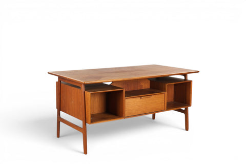Close-up of teak grain and drawer hardware — 1950s Danish modern