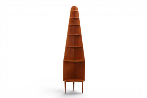 Front view of tapered teak corner shelf — 1950s-60s Danish modern