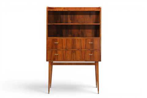 Detail of drop-down desk open on Svante Skogh rosewood secretary cabinet — 1950s Swedish modern