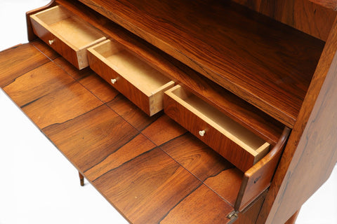 Interior detail of Svante Skogh rosewood secretary cabinet — 1950s Swedish modern