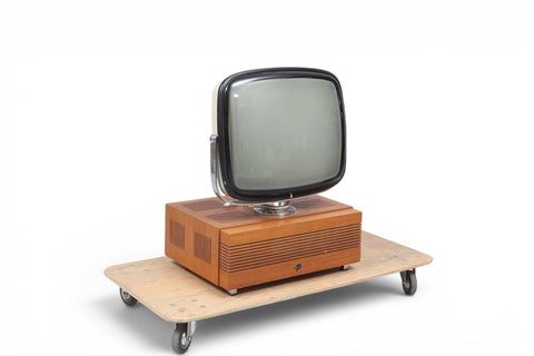 Front view of Skantic Cosmos teak television — 1960s Danish modern