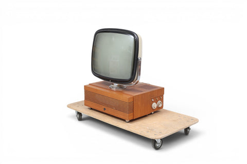 Three-quarter view of Skantic Cosmos teak television — 1960s Danish modern